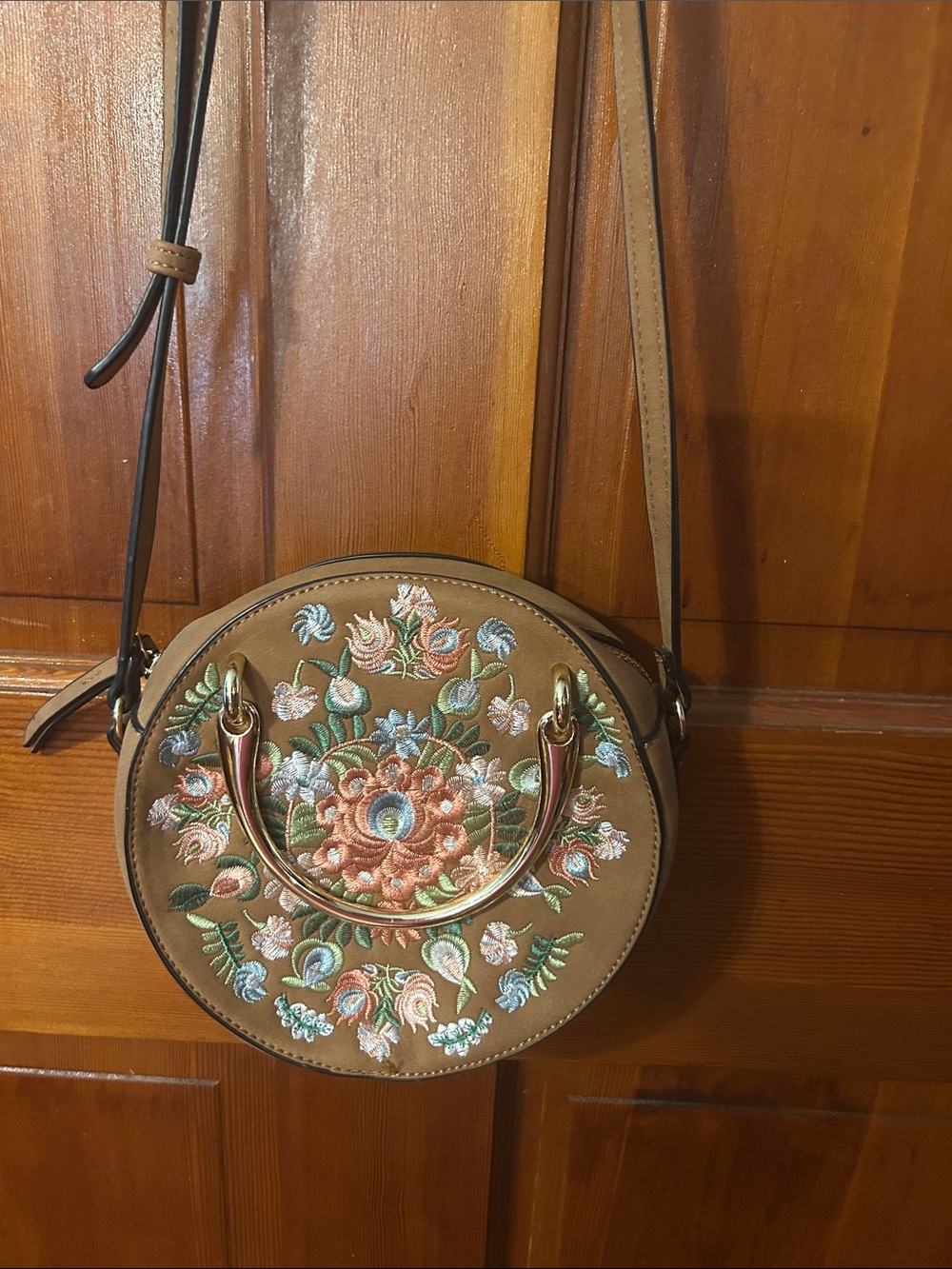 Embroidered Floral Round Crossbody Bag in Brown